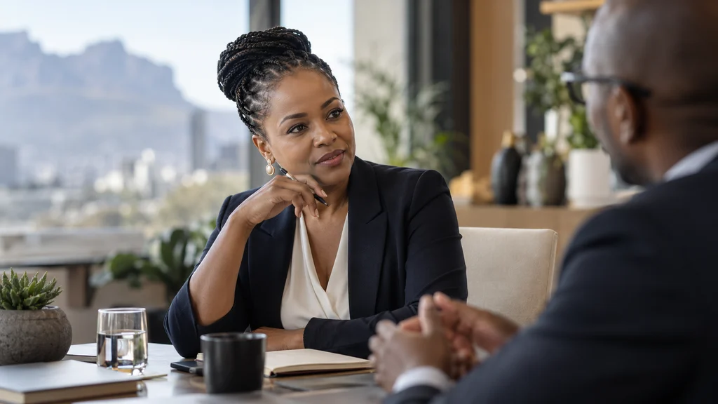 A woman listening thoughtfully to a colleague during a professional conversation in an office.