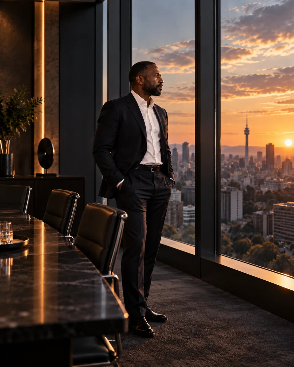 Senior executive looking across the Johannesburg skyline from a boardroom.