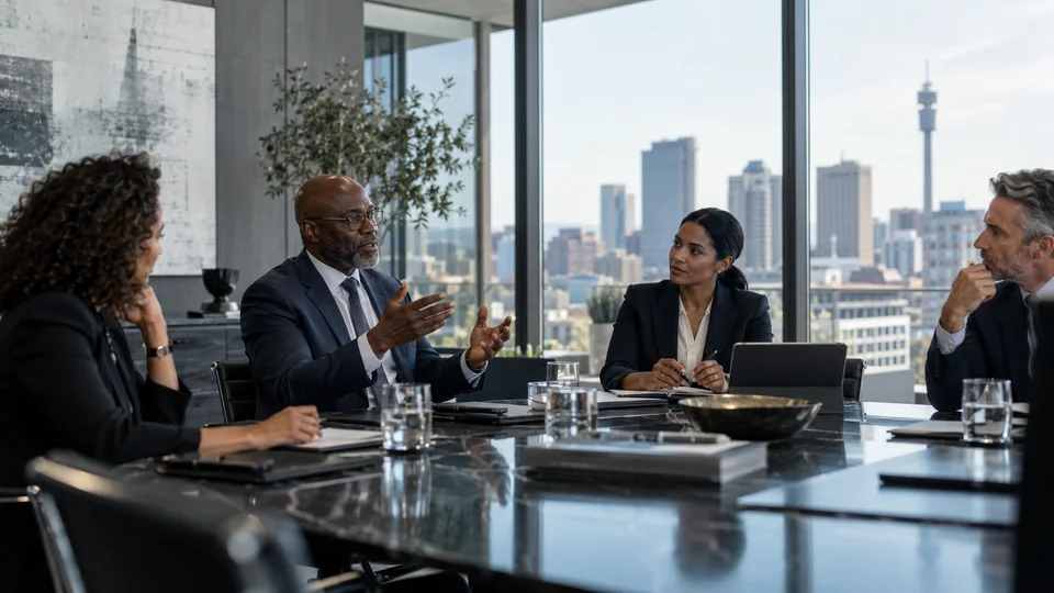 Senior leaders in a focused executive discussion around a boardroom table.